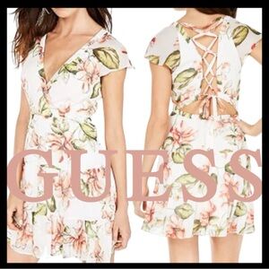 Guess Ivory Blushing Azalea Lola Short Sleeve Cross Tie Back Mini Dress (S)
